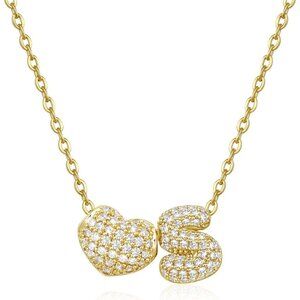 14K Gold Plated Bubble Heart Initial Necklace - Personalizable Charm for Women